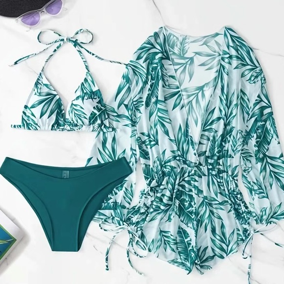 Tropical Triangle Top Bikini Bottoms Matching Romper Cover Up Swim Set Swimsuit - Picture 2 of 16